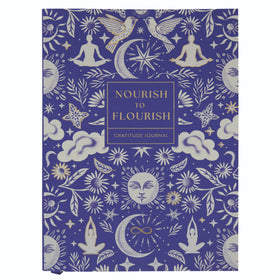 Gratitude journal with celestial design on a blue background