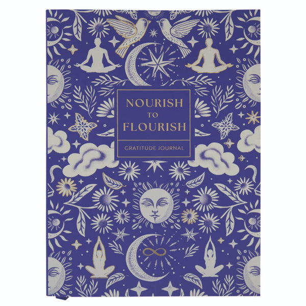 Gratitude journal with celestial design on a blue background