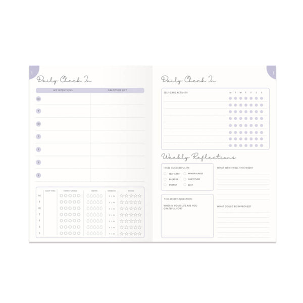 Daily check-in and weekly reflections planner on a white background