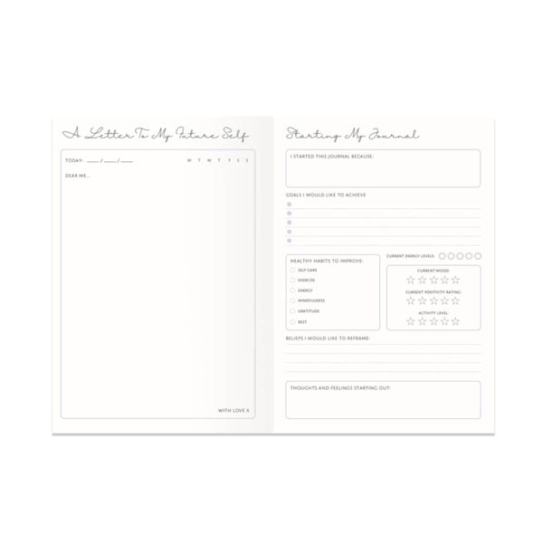 Two pages from a journal with prompts and sections for reflection.