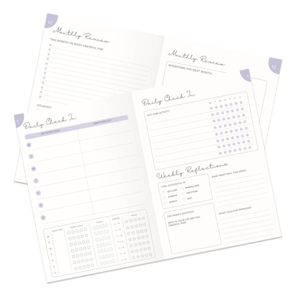 Set of planner pages with checklists and reflection sections on a white background