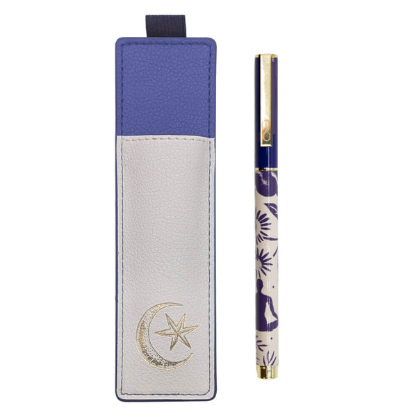 Pen with purple design and gold accents next to a matching pen case on a white background
