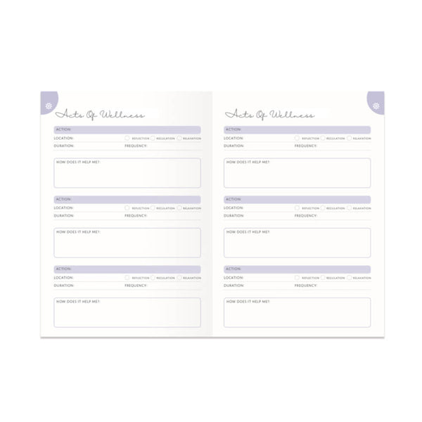 Two pages of a wellness tracker with columns for activities, locations, and frequencies on a white background.
