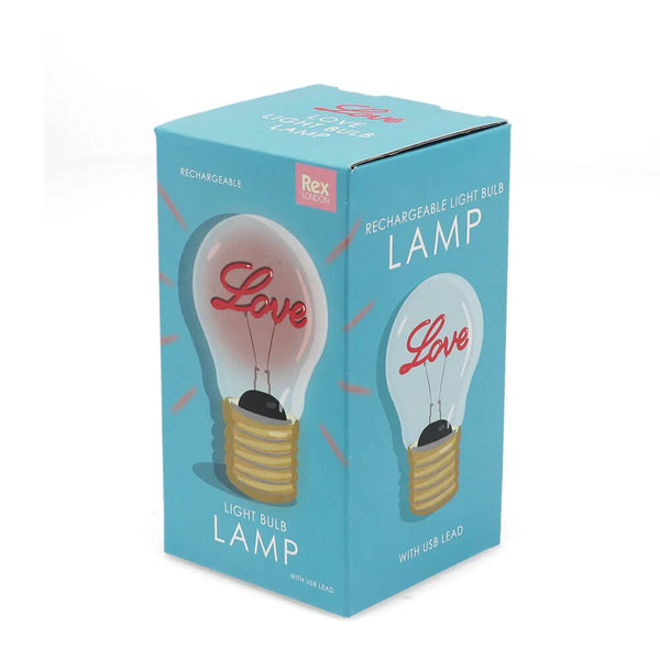 Box packaging of a rechargeable light bulb lamp with 'Love' text on a blue background