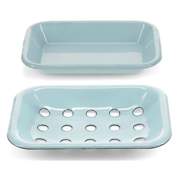 Two part enamel blue soap dish on white background