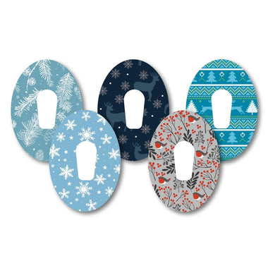 Winter-themed Dexcom G6 CGM patches (5 pack) designed to protect continuous glucose monitors with festive illustrations. Available from the Diabetes UK Online Shop.