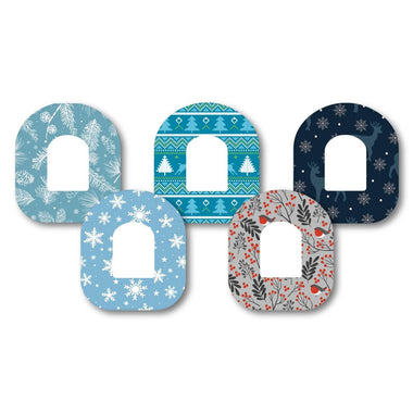 Winter-themed Omnipod pump patches (5 pack) designed to protect continuous glucose monitors and pumps with festive illustrations. Available from the Diabetes UK Online Shop.