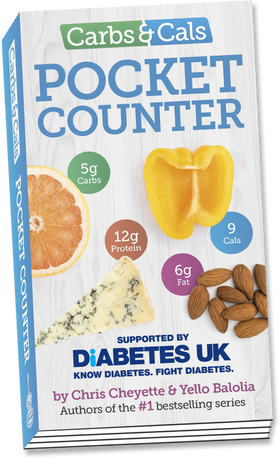 Carbs & Cals Pocket Counter book front cover, portable diabetes reference guide with over 700 food and drink photos, shown upright