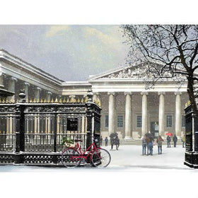 British Museum Christmas card featuring a snowy scene with classical architecture, red bicycle with festive wreath, and visitors in front of the museum entrance