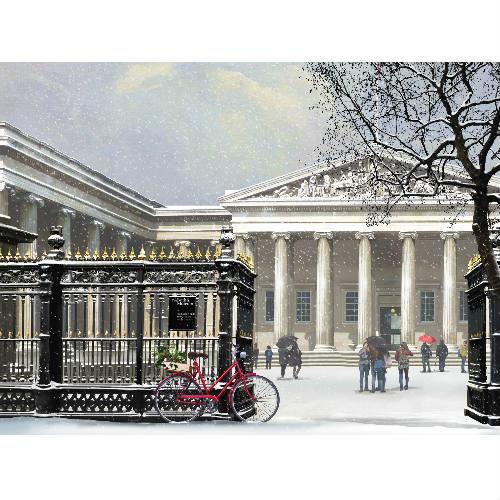 British Museum Christmas card featuring a snowy scene with classical architecture, red bicycle with festive wreath, and visitors in front of the museum entrance