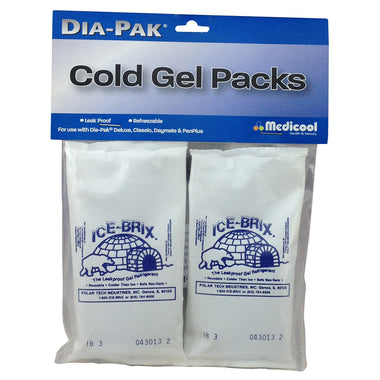 Two white Medicool cold gel packs in a transparent plastic packaging with blue label,Dia-Pak Cold Gel Packs