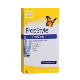 FreeStyle Optium blood glucose test strips, 50 pack, available at Diabetes UK.