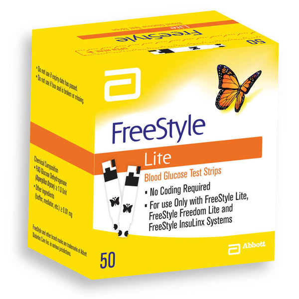 A pack of 50 FreeStyle Lite Blood Glucose Test Strips available at the Diabetes UK shop to help you check your blood sugar levels. Compatible with the FreeStyle Lite, FreeStyle Freedom Lite and FreeStyle InsuLynx Systems. 