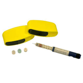 Mysharps yellow pocket container for safe needle disposal, shown with insulin pen.