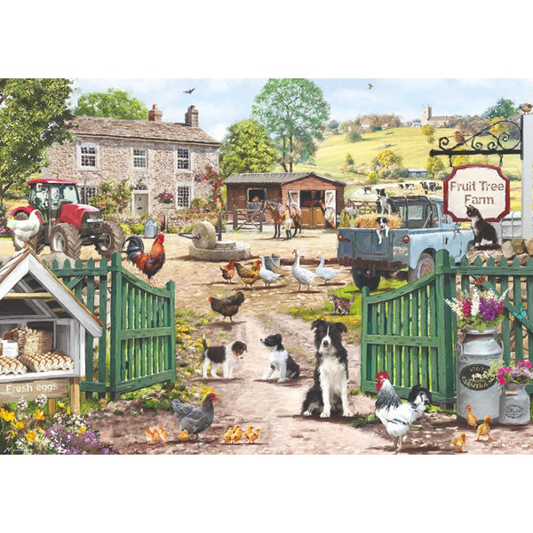 A jigsaw puzzle depicting a farm scene with fruit trees, showing various animals, people, and a tractor.