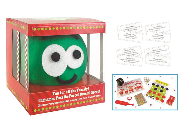 The product image shows the Pass the Parcel Sprout game set which includes a green sprout-shaped package with eyes, a box with an assortment of small gifts and forfeit slips visible in the inset images.