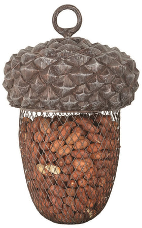 A brown acorn-shaped bird feeder made of durable resin, designed to hang and dispense nuts.
