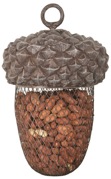 A brown acorn-shaped bird feeder made of durable resin, designed to hang and dispense nuts.