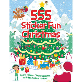 Fun sticker Christmas book with a decorated Christmas tree and snowcapped mountains on a white backgroud.