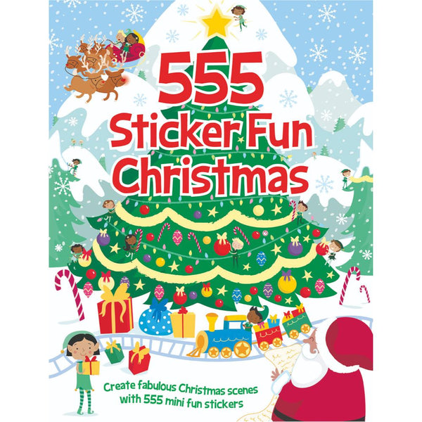 Fun sticker Christmas book with a decorated Christmas tree and snowcapped mountains on a white backgroud.