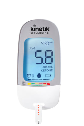 The blood glucose meter and test strip that is included in the Kinetik Wellbeing Blood Glucose Monitoring System, available at Diabetes UK.