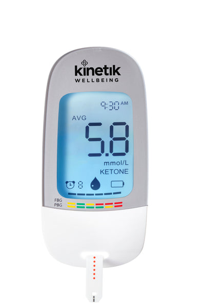 The blood glucose meter and test strip that is included in the Kinetik Wellbeing Blood Glucose Monitoring System, available at Diabetes UK.