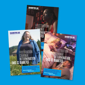 A collection of 'This is diabetes' awareness posters featuring diverse individuals and reflecting themes of frustration, courage, and determination.