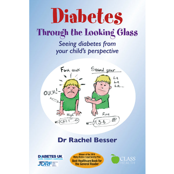 Front cover of the book 'Diabetes Through the Looking Glass' by Helen M. Edwards, featuring a stylised mirror illustration and subtitle about children and young people living with diabetes