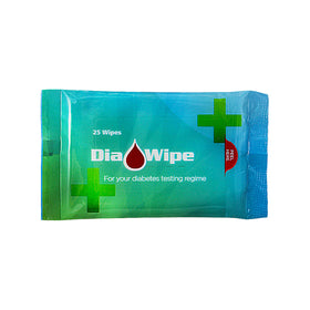Packet of Dia-Wipes containing 25 alcohol- and fragrance-free wipes for cleaning fingers before blood glucose testing, shown on a plain background