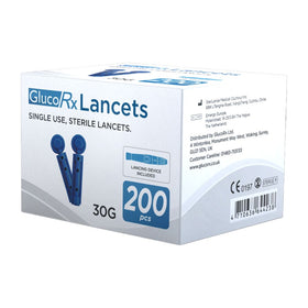 GlucoRx 30G sterile lancets, 200 pack, single-use, available at Diabetes UK.