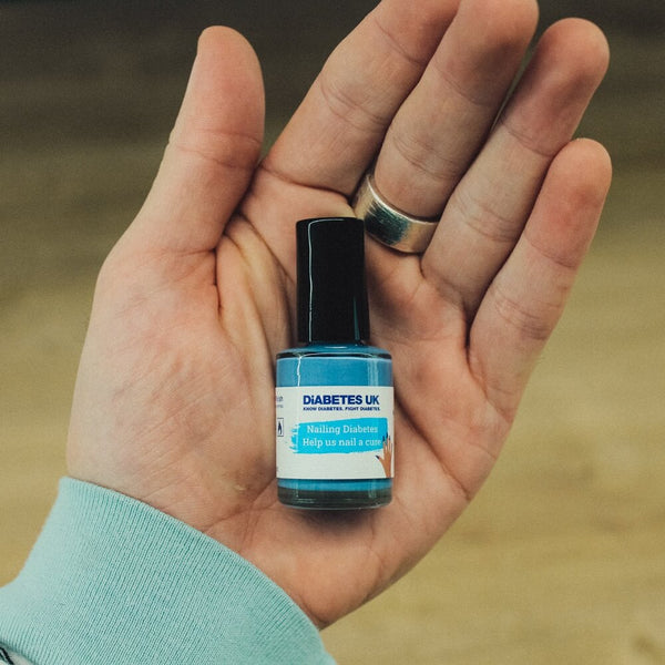 Diabetes UK blue nail polish bottle for Nailing Diabetes charity campaign.