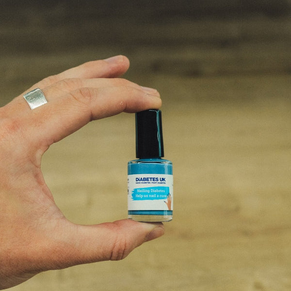 Diabetes UK blue nail polish bottle for Nailing Diabetes charity campaign.