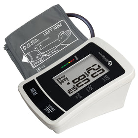 A MediGenix blood pressure monitor with a universal cuff, displaying readings on its digital screen, with a travel bag included.