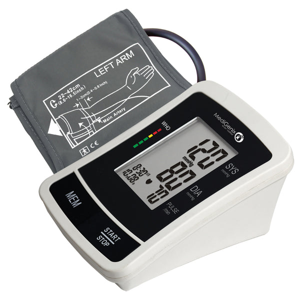 A MediGenix blood pressure monitor with a universal cuff, displaying readings on its digital screen, with a travel bag included.