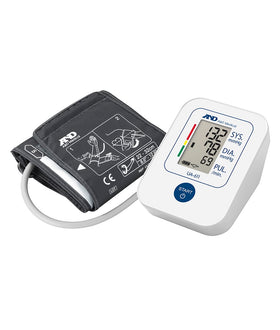 A&D UA611 Blood Pressure Monitor consisting of a white digital display unit and a black adult cuff.