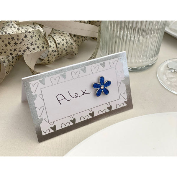 Dark Blue Glitter Flower Badges (Pack of 10)